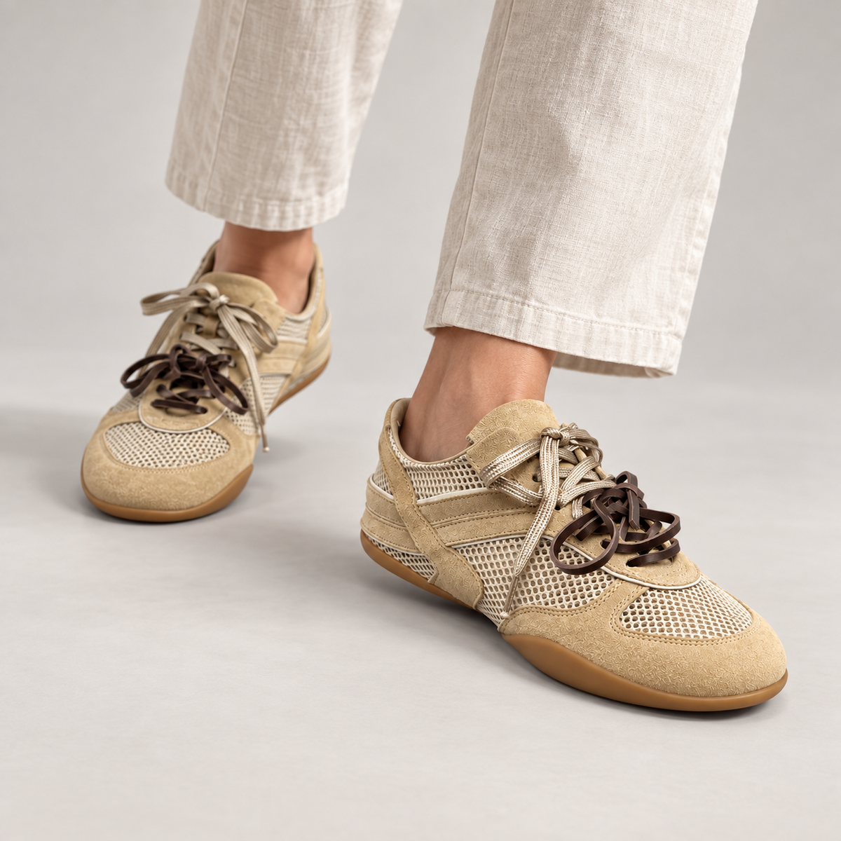 Beige Mesh Ribbon-Lace Sneakers