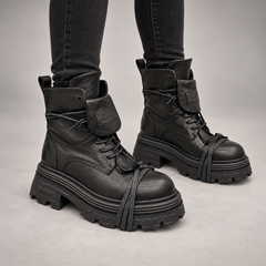 Black Lace Strap Platform Boots