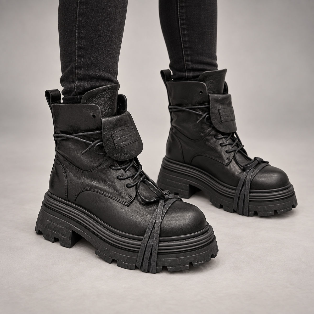 Black Lace Strap Platform Boots