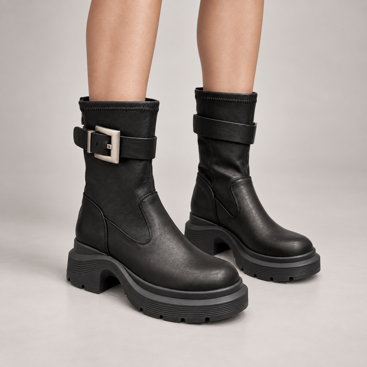 Black Buckled Mid-Calf Boots