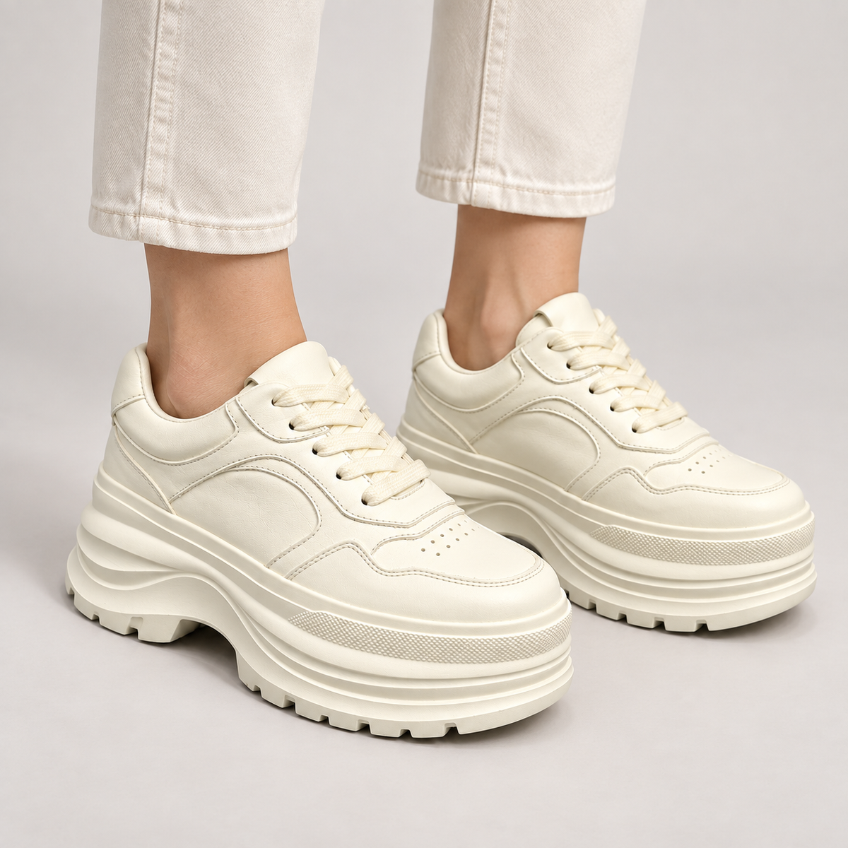 Cream Chunky Lace-Up Sneakers