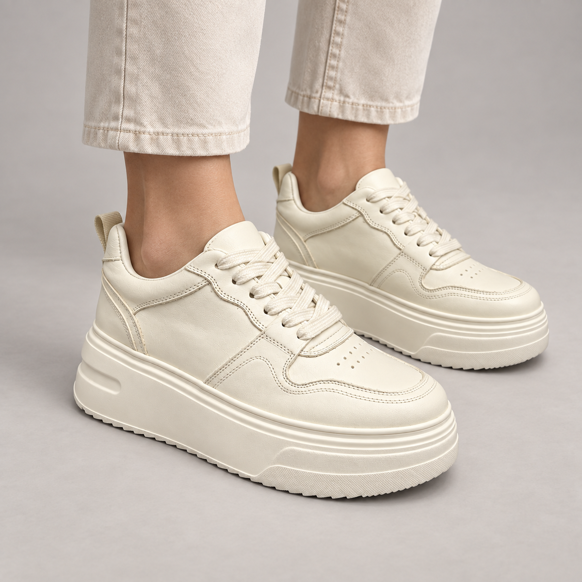Ivory Paneled Platform Sneakers