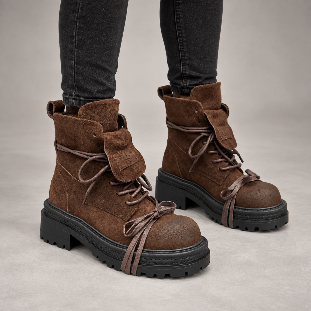 Brown Lace Strap Platform Boots