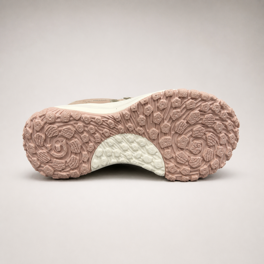 Pink sneaker outsole view showing the rubber outsole