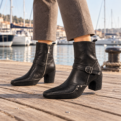 Black Washed Horse Leather Buckle-Strap Block-Heel Ankle Boots