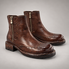 Brown Washed Horse Leather Brogue-Toe Side-Zip Ankle Boots
