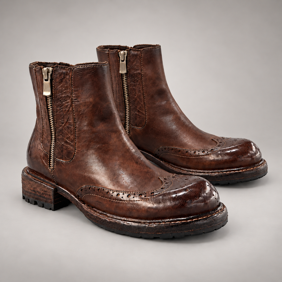 Brown Washed Horse Leather Brogue-Toe Side-Zip Ankle Boots