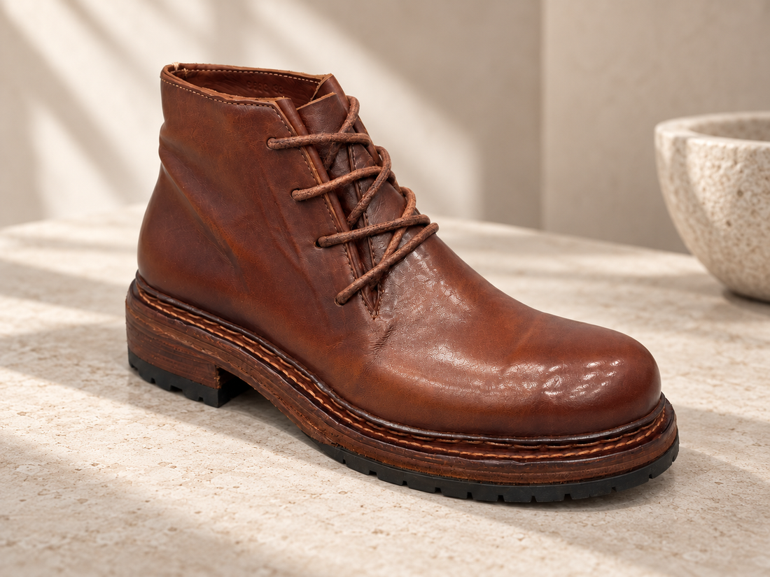 AI-generated close-up: front laces, texture and rounded toe.