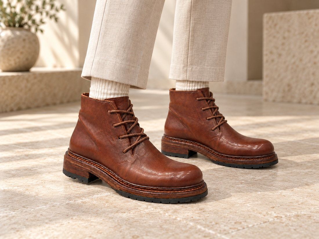 AI-generated styling scene: the boots with cropped stone trousers.