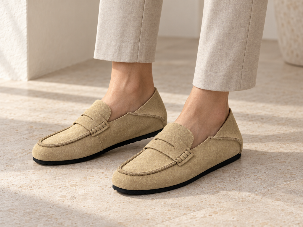 AI styling illustration: ankle-length neutral trousers.