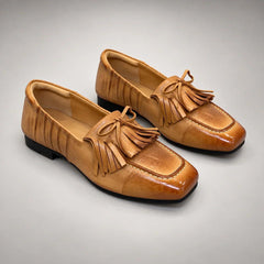 Tan Washed Cowhide Tassel Loafers