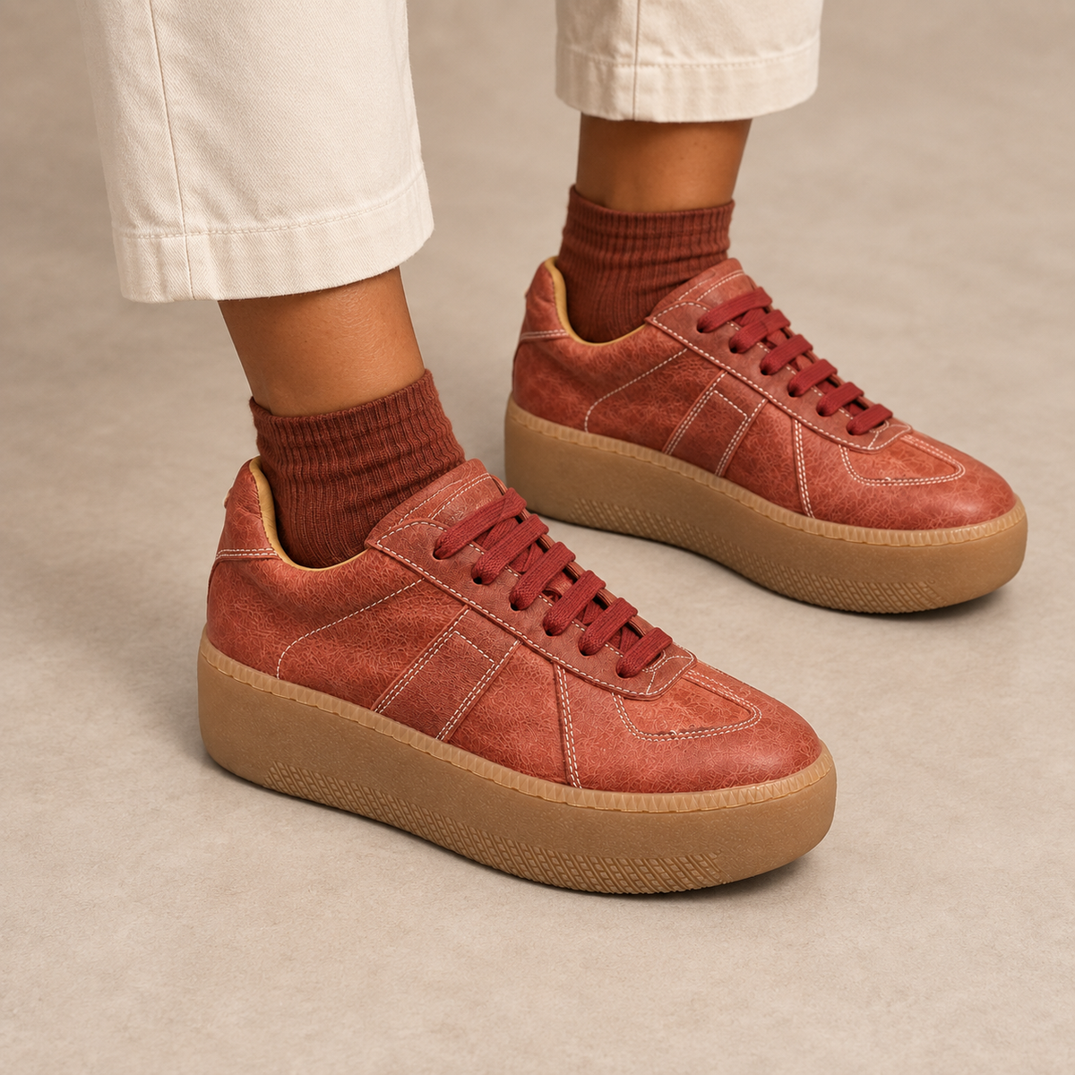 Rust washed horse leather platform sneakers worn with cream chinos and rust socks