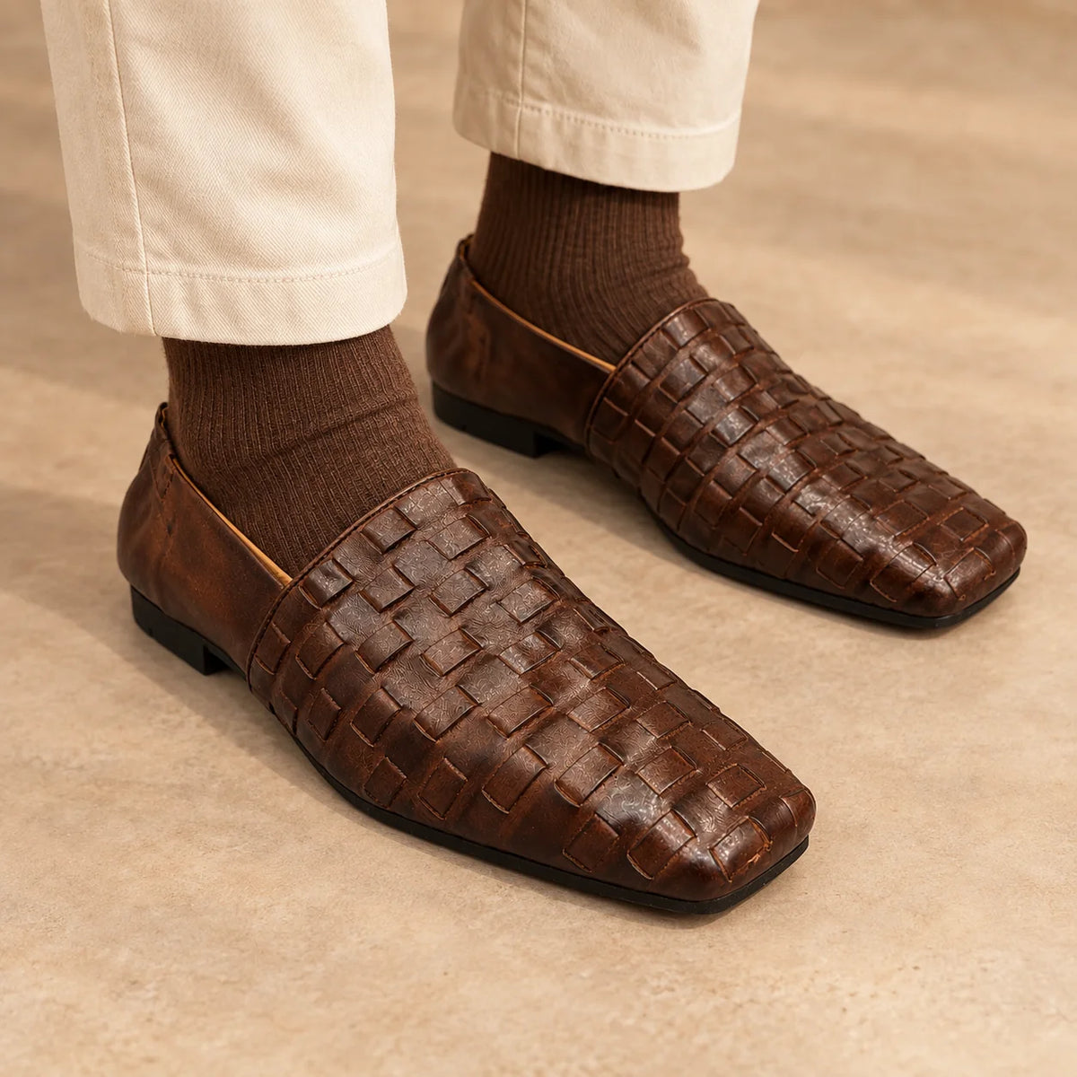 Brown Washed Horse Leather Woven Loafers